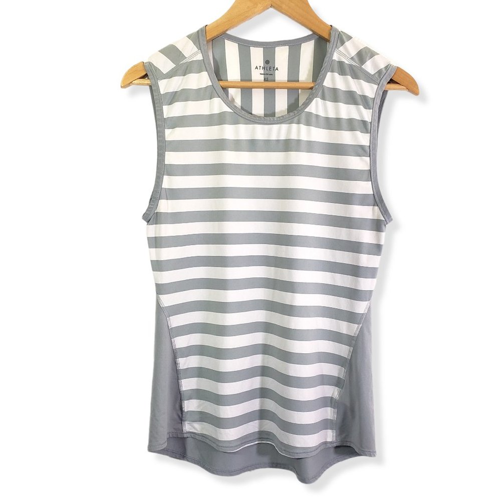 ATHLETA Women's XS Gray, White Stripe Workout, Sleeveless, Yoga, Tank Top